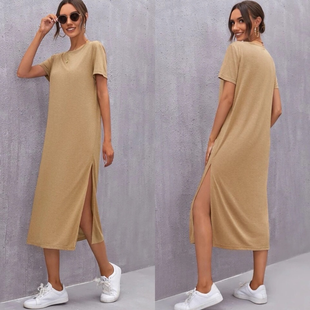 Short sleeve midi length slit tee dress casual boho black - Picture 6 of 10